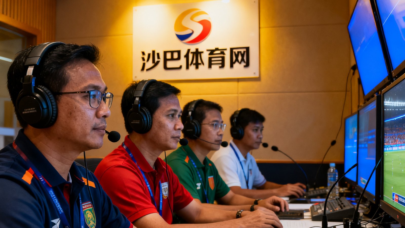多语言赛事直播解说间内，来自泰国、越南、印尼的解说员戴着耳机紧盯屏幕，背景墙上挂有沙巴体育网品牌标识