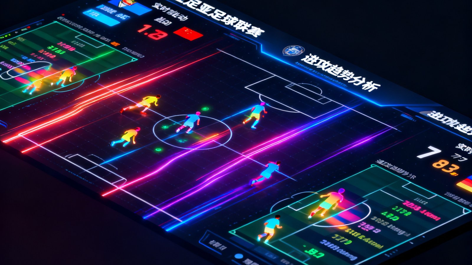 实时数据面板展示东南亚足球联赛的比分跳动、球员跑动热力图与进攻趋势分析，界面以深色背景搭配霓虹色数据流